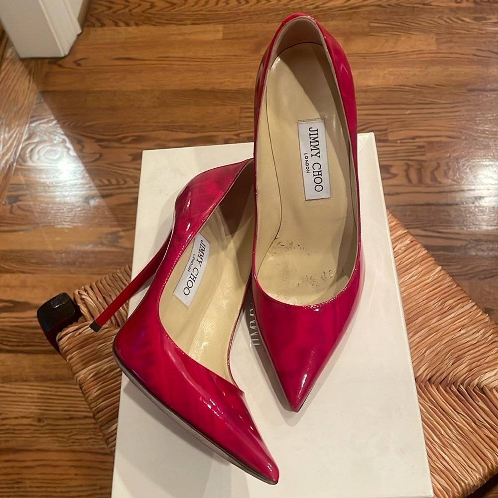 Jimmy Choo Red Patent Leather Pointed Toe Stiletto Pumps - Picture 3 of 8